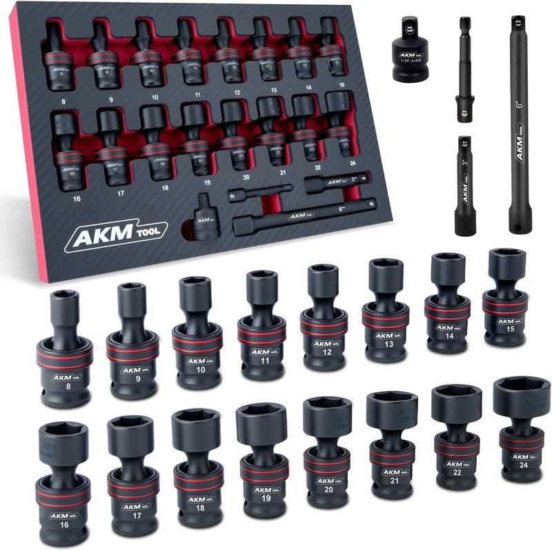 AKM TOOL 3/8" Drive Universal Impact Socket Set, 20 Piece Swivel Socket Set, Universal Joint Socket 6-Point, Metric, 8-22mm, Cr-Mo,with Extension Bars, Socket Adapter, Drill Bit Adapter - Image 1